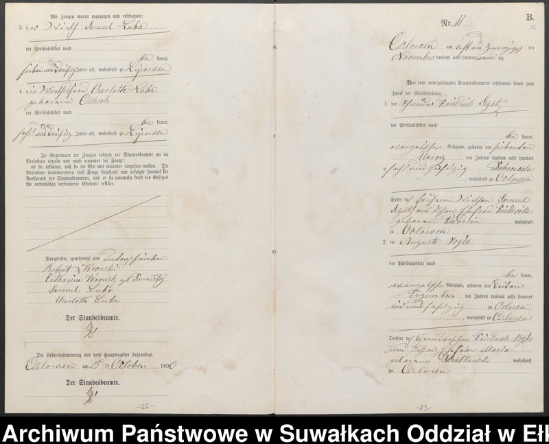 image.from.unit.number "Heiraths-Neben-Register des Preussischen Standes-Amtes Orlowen Kreis Loetzen für das Jahr 1890"