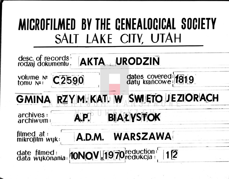 image.from.unit.number "Akta urodzonych w roku 1819 przez urzędnika stanu cywilnego gminy święto jeziorskiey obwodu seyneńskiego w województwie augustowskim sporządzone"