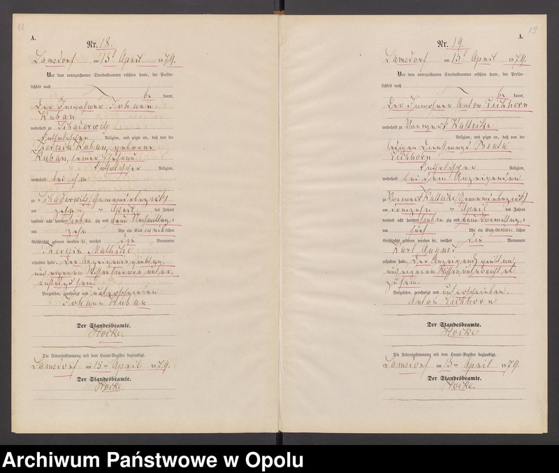 image.from.unit.number "Geburts-Neben-Register des Standesamts Lamsdorf No 15 pro 1879"