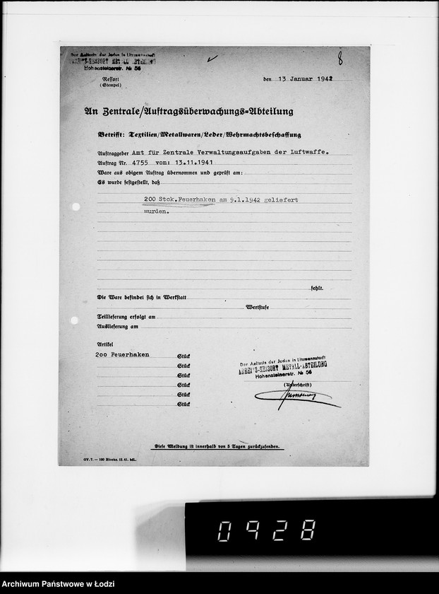 Obraz 10 z jednostki "Amt für Vewaltungsaufgaben der Luftwaffe Kriegsauftrag 49/41 A.z.V.100 Kohlenschaufeln. 200 Feuerhaken"