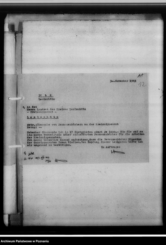 Obraz 16 z jednostki "[Korespondencja w sprawach organizacyjnych, sprawozdanie z działalności, Kreissippenamt Lentschütz Łęczyca, województwo łódzkie]"