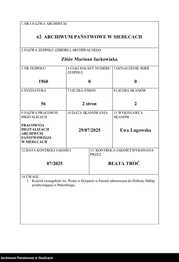 image.from.unit.number "Kościół ewangelicki św. Piotra w Dorpacie w Estonii adresowana do Elżbiety Hallap przebywającej w Petersburgu"