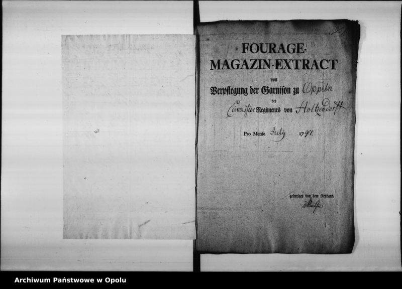 image.from.unit.number "Fourage Extracte über die Verpflegung der in Oppeln in Garnison stehenden 2 Esquadrons des Hochlöbl[ichen] v[on] Holtzendorffschen Cürassier Regiments. Vom 1-ten Iuny 1797 bis ult: May 1798"