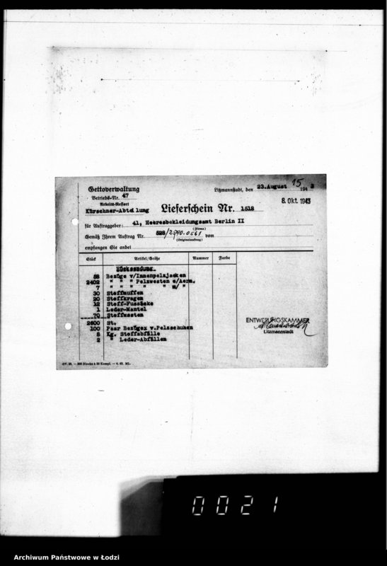 Obraz 19 z jednostki "[Dowody dostawy umundurowania dla] Heeresbekleidungsamt Berlin II"