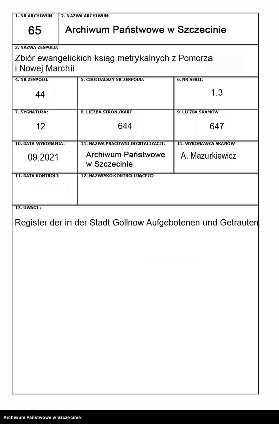 image.from.unit.number "Register der in der Stadt Gollnow Aufgebotenen und Getrauten."