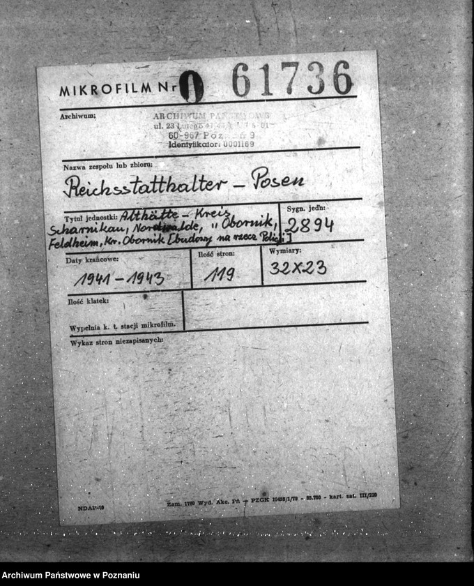 Obraz 2 z jednostki "Althütte- Kreis Scharnikau, Nordwalde, Kreis Obornik, Feldhei, Kreis Obornik (budowy na rzecz policji)"