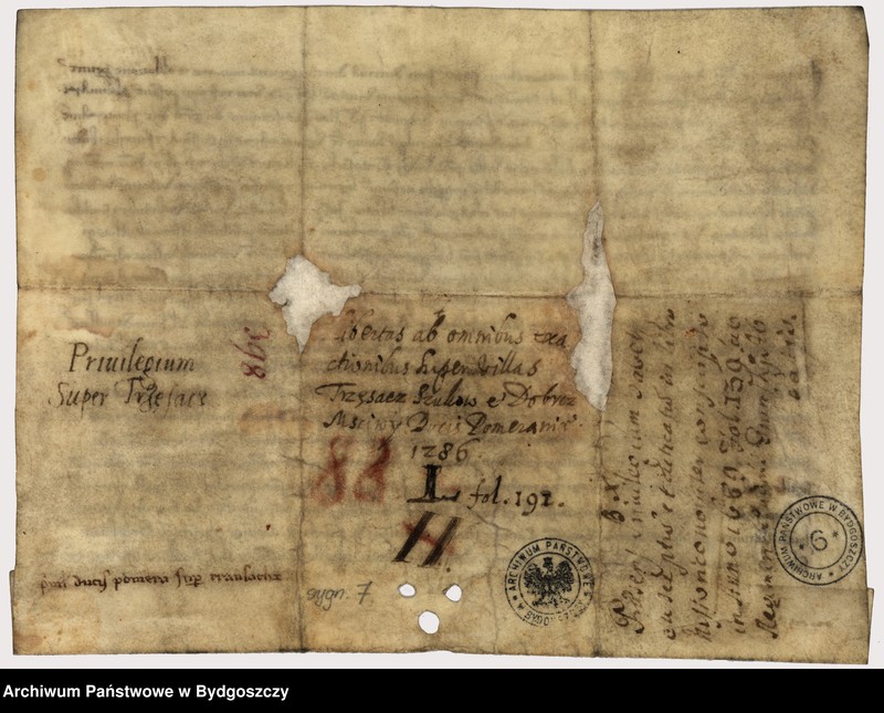 image.from.unit.number "Mestwin II (Misciuuius) książę pomorski zwalnia dobra Trzęsacz, Żukowo (Włóki) i Dobrcz w kasztelanii wyszogrodzkiej, należące do klasztoru cystersów w"