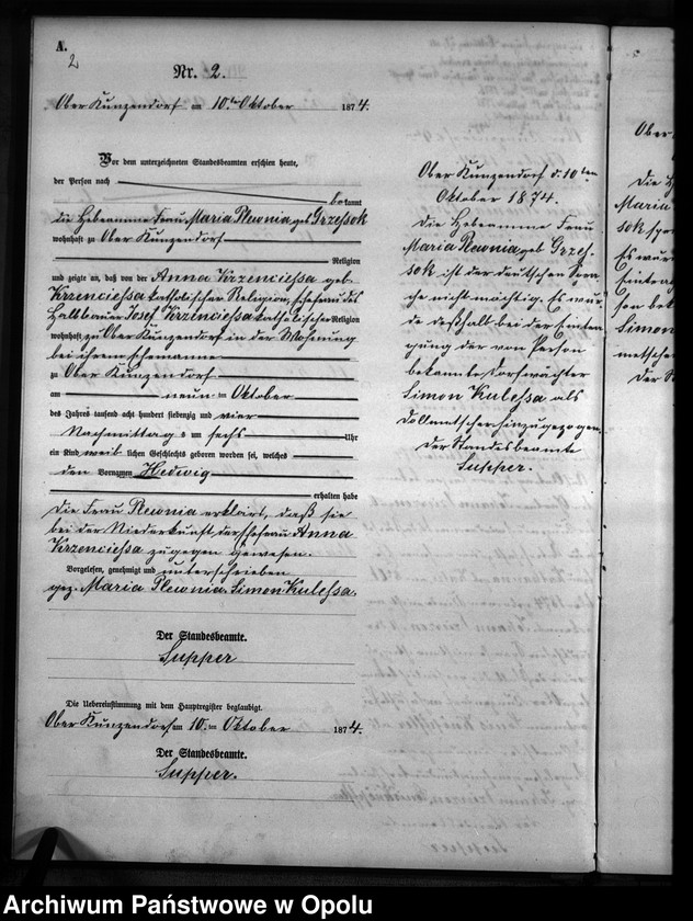 Obraz 5 z jednostki "Geburts-Neben-Register des Standesamtes Kunzendorf 1874"