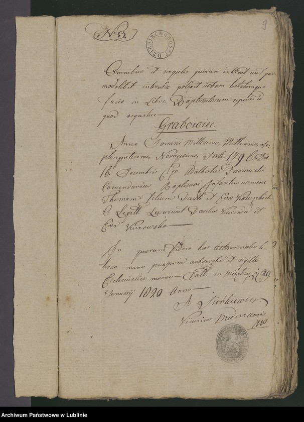 Obraz 10 z jednostki "Alegaty do księgi urodzeń, zapowiedzi, małżeństw i zgonów z 1820 r."