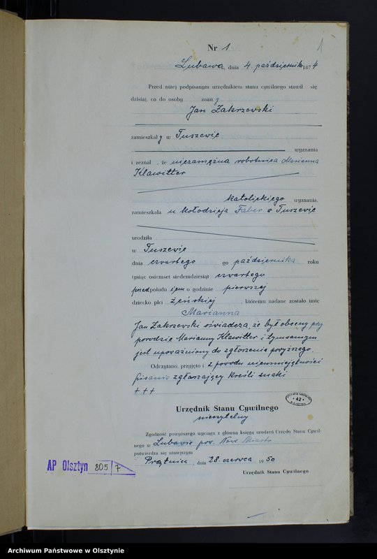 image.from.unit.number "Księga urodzeń Nr 1 - 18,1 - 46,1 - 47,1 - 49,1 - 52 i 1 - 51/przepisana w języku polskim z oryginału niemieckiego w dniach 18.06.1950 - 7.08.1950/"