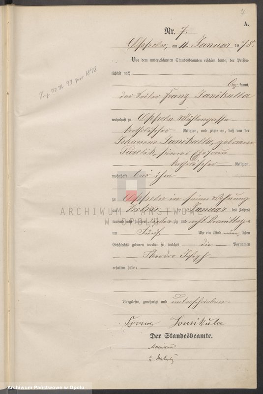 Obraz 11 z jednostki "Urząd Stanu Cywilnego w Opolu 1878 Rejestr Urodzeń Księga Miejscowa Nr 1 do 487"