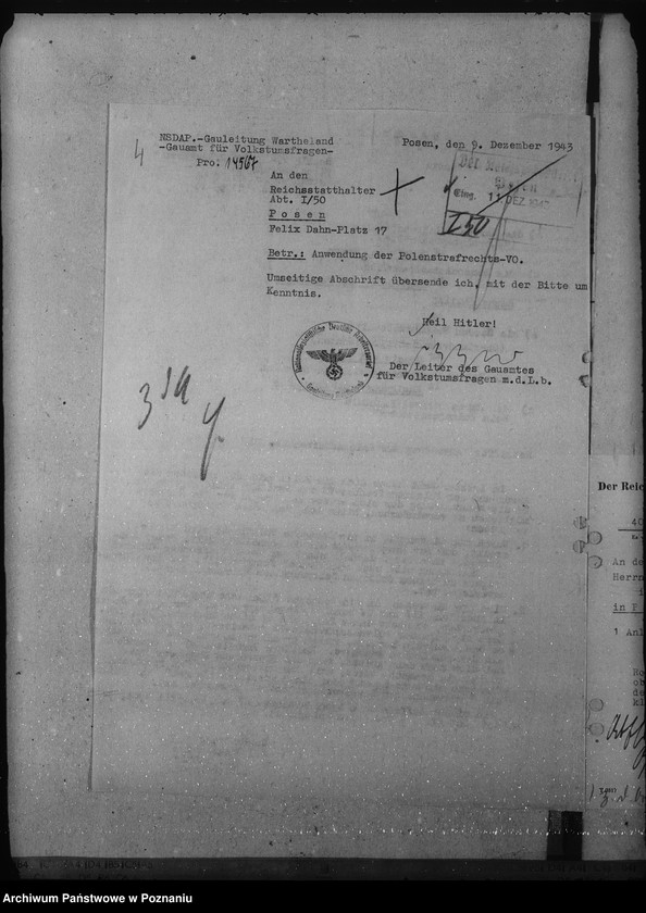 Obraz 8 z jednostki "Anwendung der Polenstrafrechts - Verordnung. Einbürgerung der Angehörigen der Abteilung IV der Deutschen Volksliste auf Widerruf. Anerkennung als privilegierte Schutzangehörige."