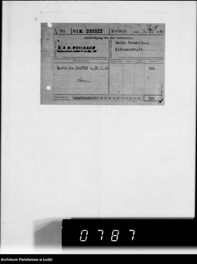 Obraz 6 z jednostki "F-ma St.Weilbach Litzmannstadt V Warenverwertung an den Juden Ältesten. Kinder-Kleider, Teppiche, Brücken"