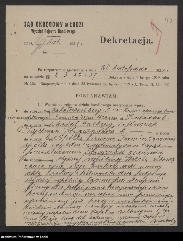 Obraz 15 z jednostki "R.Perlberg i H.Tajchman- kupno i sprzedaż towarów manufakturowych"