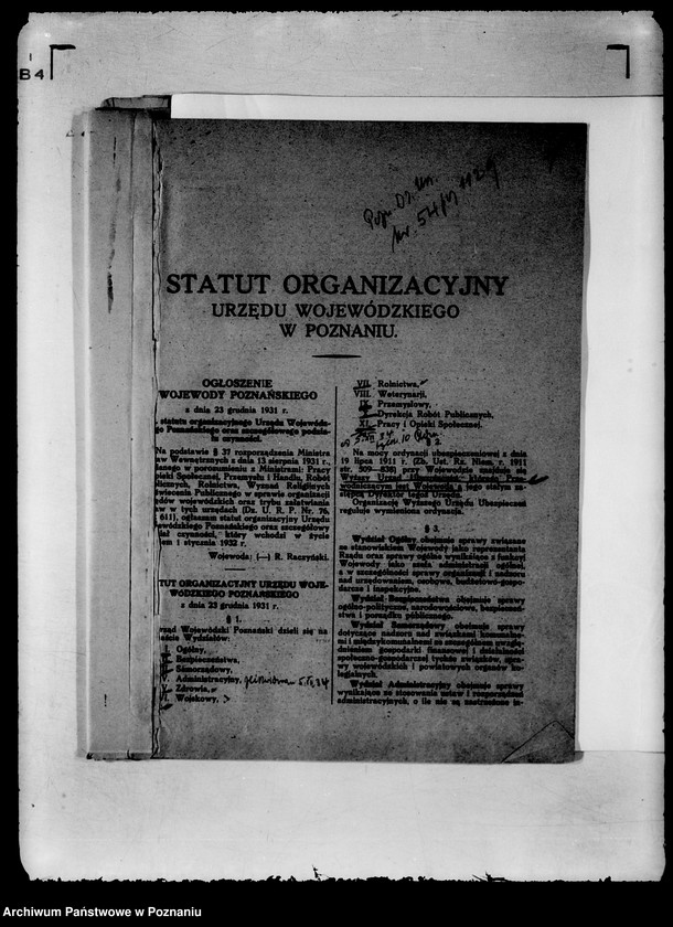 Obraz 5 z jednostki "/Zarządzenia wewnętrzne wojewody w sprawie podziału czynności w Urzędzie Wojewódzkim, statut organizacyjny itp./"