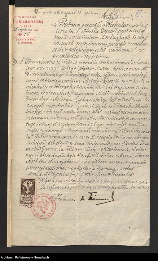 image.from.unit.number "Dokumenty załączone do ślubnych aktów stanu cywilnego w parafji R. Kat. Filipowskiej w roku 1923"