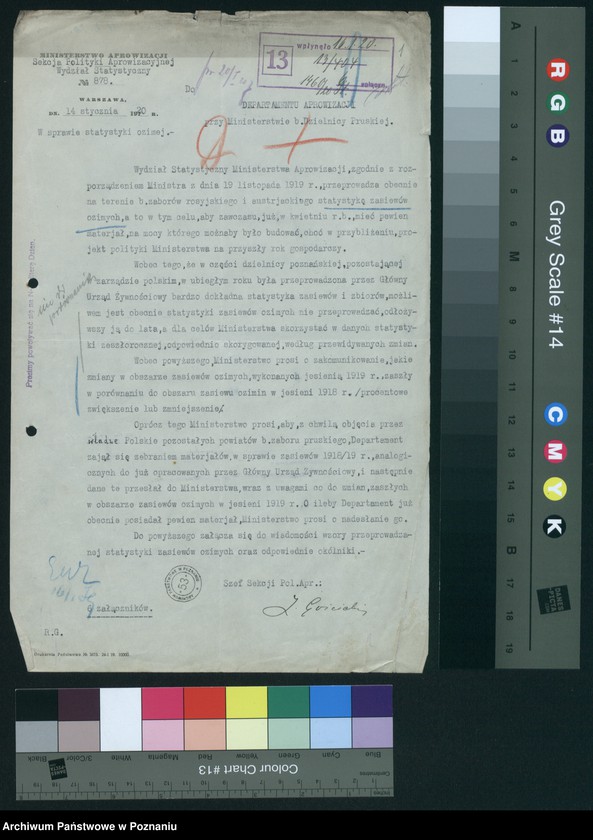 Obraz 3 z jednostki "[Koresponencja dotycząca statystyki produkcji rolnej - zasiewów ozimych w latach 1919-1920]"