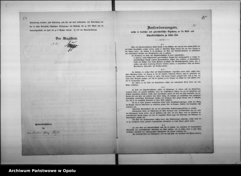 Obraz 15 z jednostki "Acta des Magistrats zu Oppeln betreffend den Schankwirthschaftsbetrieb im Hause No 8 Wilhelmstal durch Bosannek Vol: I"