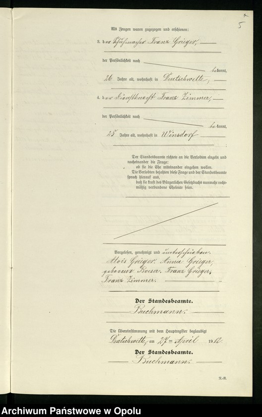 Obraz 9 z jednostki "Heirats-Register (Neben-Register) Standesamt Deutschwette 1912"
