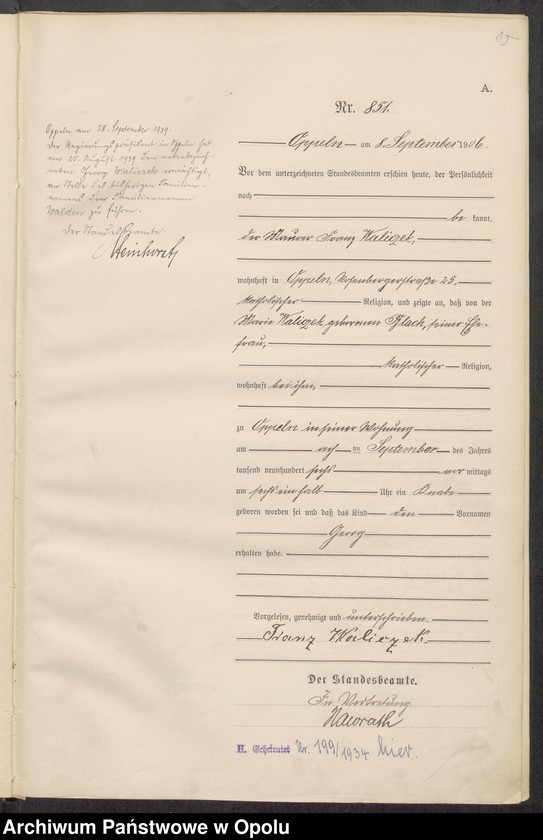 Obraz 19 z jednostki "Urząd Stanu Cywilnego w Opolu 1906 Rejestr Urodzeń miejscowa Nr 838 do 1264"