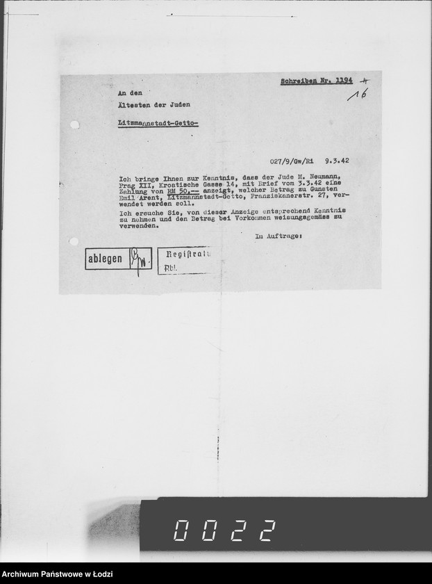 Obraz 20 z jednostki "Betr.Korrespondenz Buchhaltung mit dem Ä[ltesten] d[er] J[uden] Nr.801-1200"