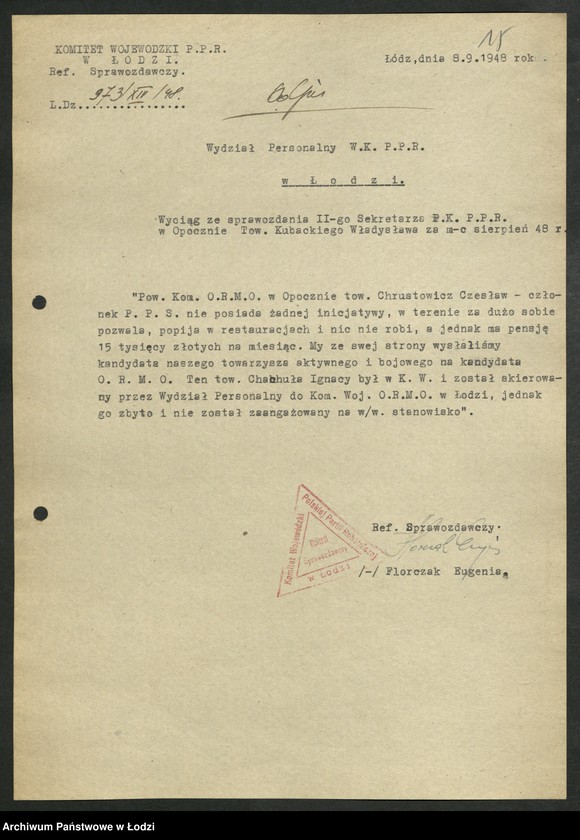 Obraz 16 z jednostki "[Wyciągi] Referatu Sprawozdawczego [dla wydziałów i Komisji Kontroli Partyjnej z protokołów zebrań i sprawozdań instruktorów]"