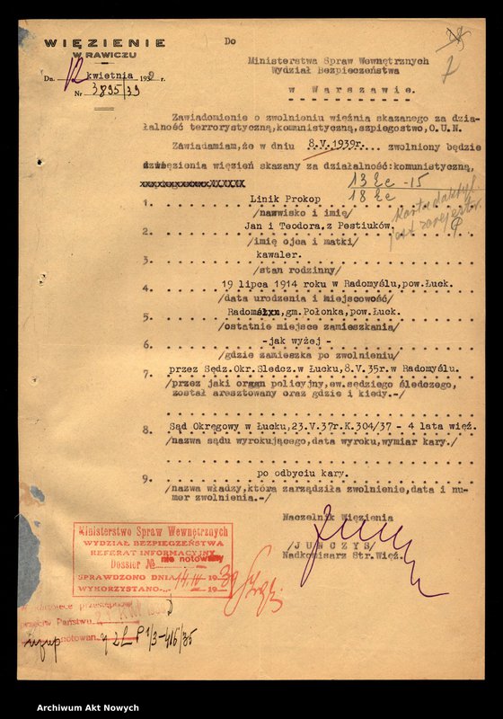 image.from.unit.number "Więzienie w Rawiczu - informacje o zwolnieniu osób skazanych za działalność komunistyczną. Kwestionariusze."