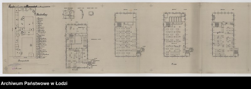 Obraz 1 z jednostki "Lageplan des Grundstückes in Litzmannstadt an der Danzigerstraße Nr 18. Rzuty i przekroje poszczególnych budynków"