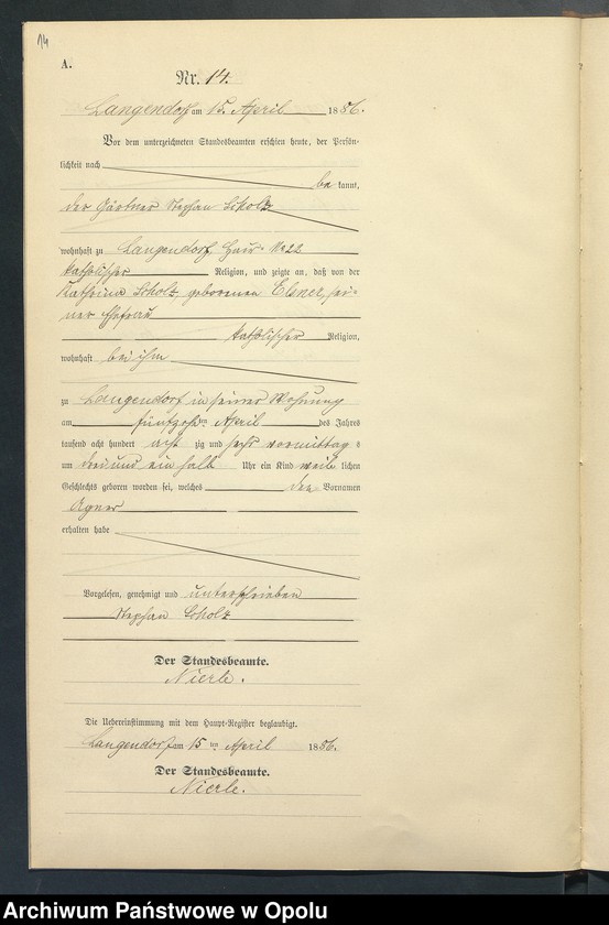 Obraz 18 z jednostki "Geburts-Neben-Register des Standesamts Langendorf pro 1886"