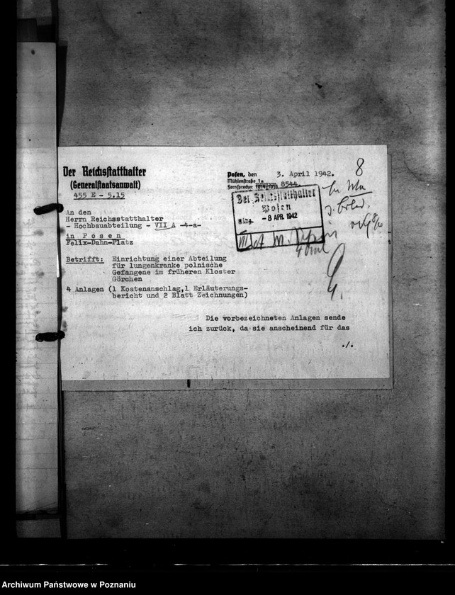 Obraz 12 z jednostki "Einrichtung einer Tbc - Abteilung für lungenkranke, polnische Strafgefangene im früheren Kloster Görchen (Miejska Górka)"