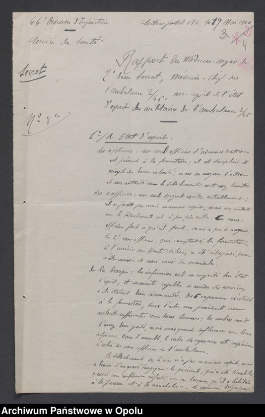 Obraz 6 z jednostki "/Raporty miesięczne oddziałów wojsk francuskich o morale żołnierzy/ V 1920"