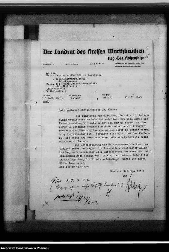 Obraz 10 z jednostki "[Korespondencja w sprawach organizacyjnych, sprawozdanie z działalności], Kreissippenamt Warthbrücken [Koło]"