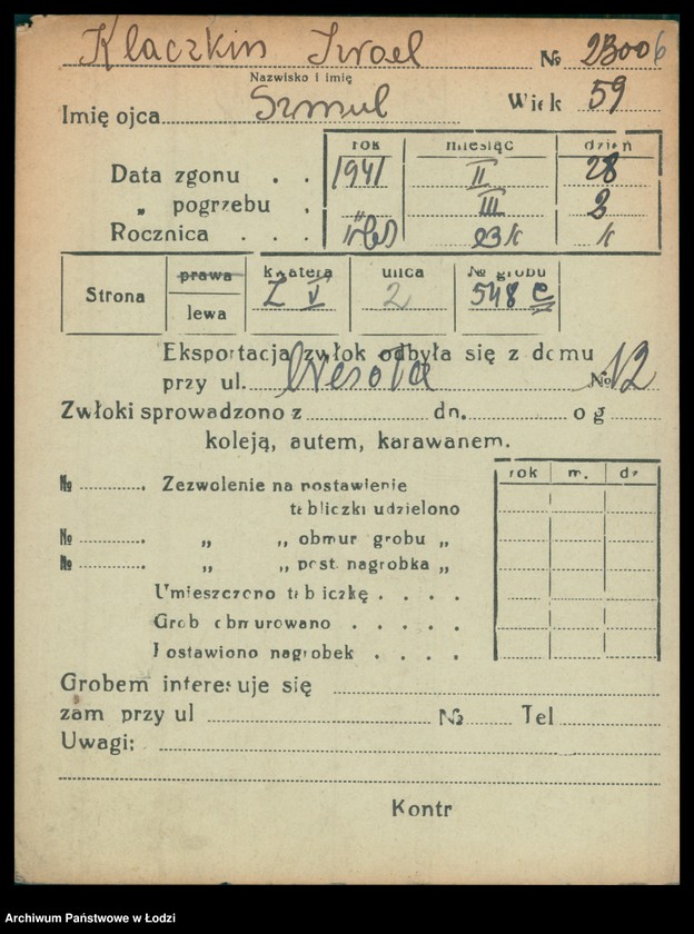 Obraz 7 z jednostki "Kartoteka osób pochowanych na cmentarzu żydowskim przy ulicy Brackiej w latach 1892-1959. Nazwiska na litery: Kl-Kn"