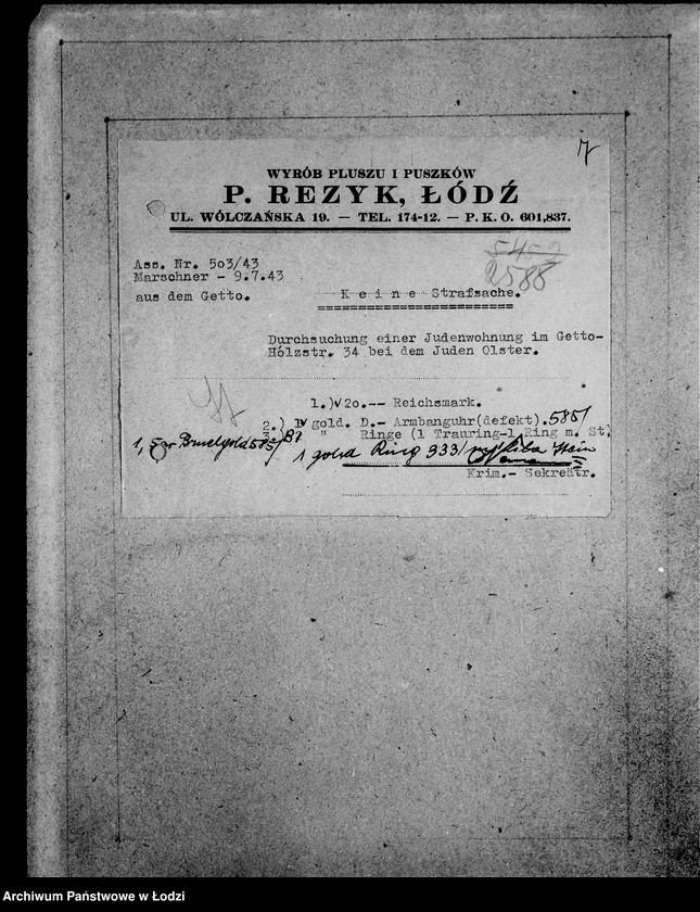 Obraz 11 z jednostki "Kripo.Unterlagen 2400-2600 [Dokumenty konfiskaty majątku ruchomego u Żydów]"