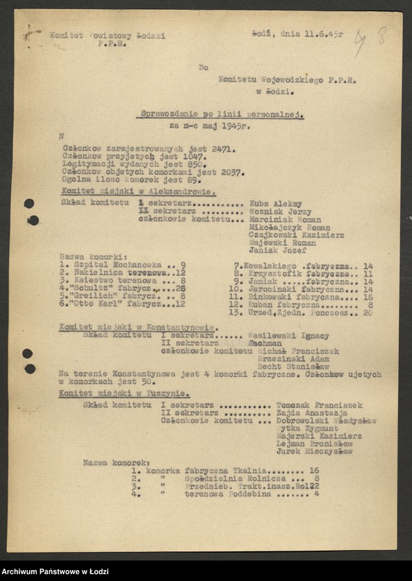Obraz 9 z jednostki "Sprawozdania [z działalności i ankiety sprawozdawcze instruktora personalnego za lata 1945 - 1946]"