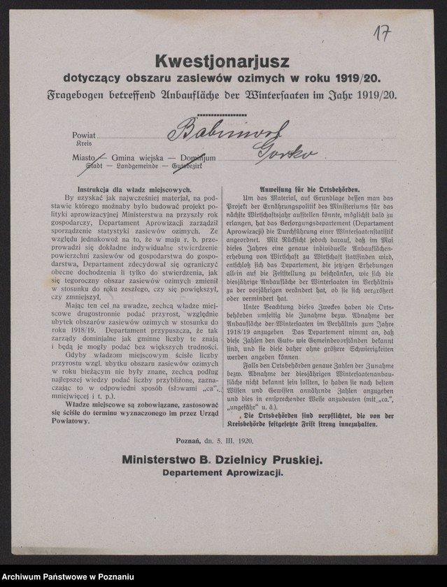 Obraz 19 z jednostki "[Kwestionariusz dotyczący zasiewów ozimych w roku 1919/1920 w powiecie babimojskim]"