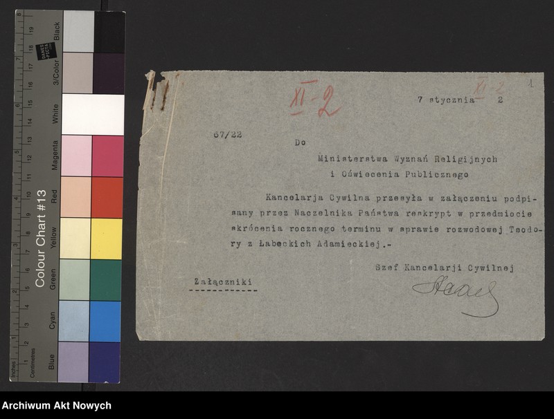 image.from.unit.number "Skrócenie rocznego terminu zapozwu w sprawach rozwodowych, rozpatrywanych przed Sądami Konsystorskimi Ewangelicko - Augsburskim i Ewangelicko - Reformowanym. Reskrypty Naczelnika Państwa, wnioski, korespondencja z Min. Wyznań Religijnych i Oświecenia Publicznego"