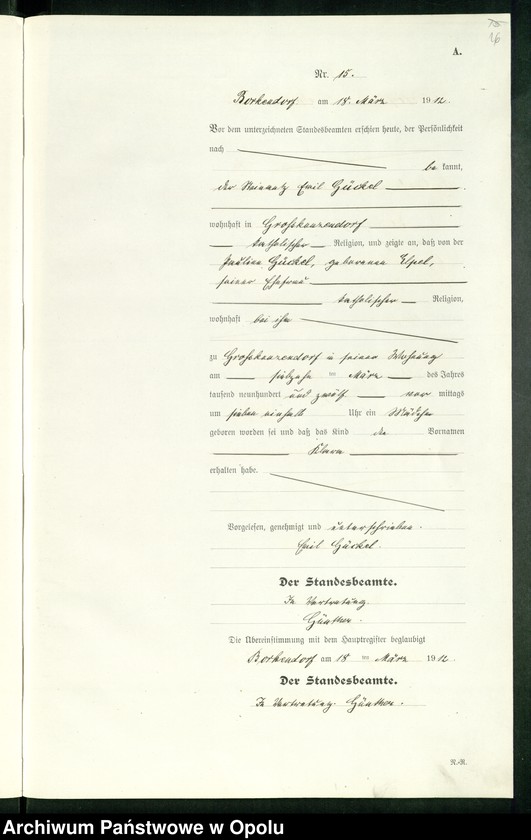 Obraz 20 z jednostki "Geburts-Register (Neben-Register) Standesamt Borkendorf 1912 No. 1 bis 73."