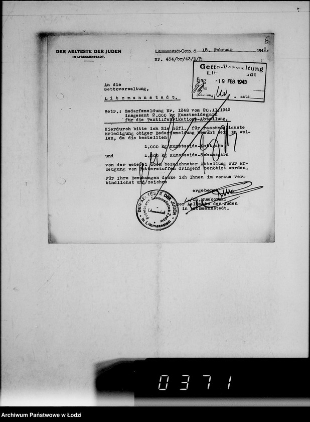 Obraz 10 z jednostki "[Korespondencja Przełożonego Starszeństwa Żydów w Getcie w sprawach przydziału maszyn i urządzeń oraz półfabrykatów do produkcji]"