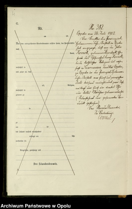 Obraz 7 z jednostki "Urząd Stanu Cywilnego w Opolu 1902 Rejestr zgonów Księga Miejscowa Nr 378 do 633"