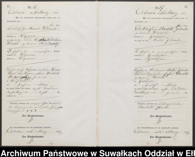 image.from.unit.number "Sterbe-Neben-Register des Preussischen Standes-Amtes Orlowen Kreis Loetzen für das Jahr 1884"