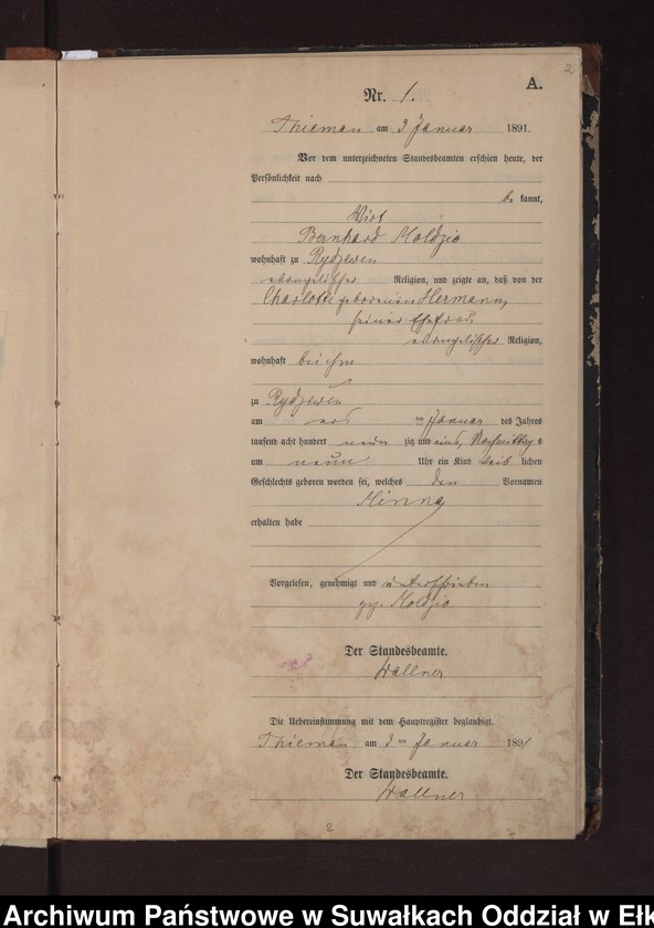 image.from.unit.number "Geburts-Neben-Register des Preussischen Standes-Amtes Rydzewen Kreis Loetzen"