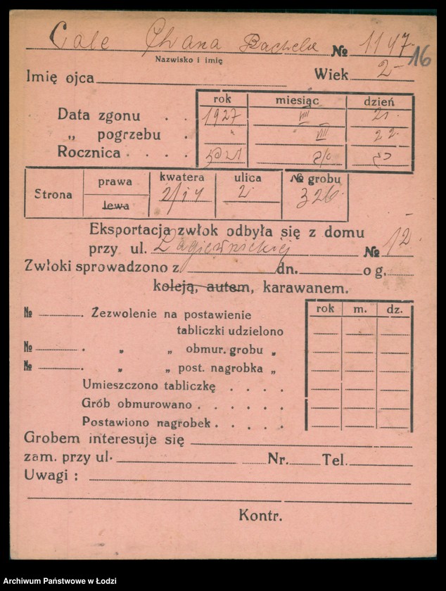 Obraz 17 z jednostki "Kartoteka osób pochowanych na cmentarzu żydowskim przy ulicy Brackiej w latach 1892-1954. Nazwiska na litery: Ca-Choros"