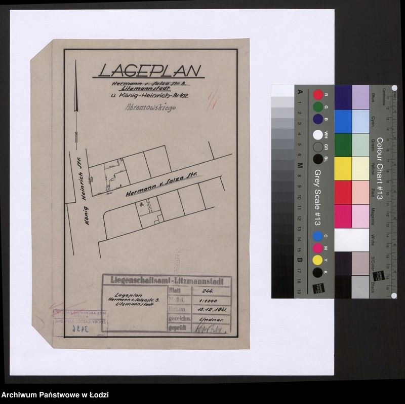 Obraz 1 z jednostki "Lageplan Hermann von Salza Straße Nr 3 Litzmannstadt und König-Heinrich-Straße 102"