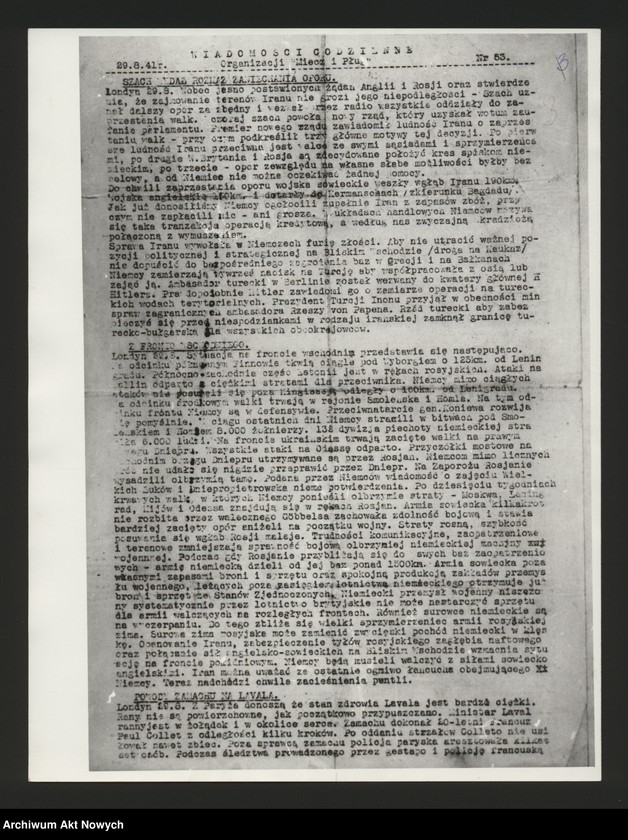 image.from.unit.number "Wiadomości Codzienne Organizacji "Miecz i Pług", Wydawca: Miecz i Pług, Warszawa, wydawane od III.19041 r do VII.1944 r."