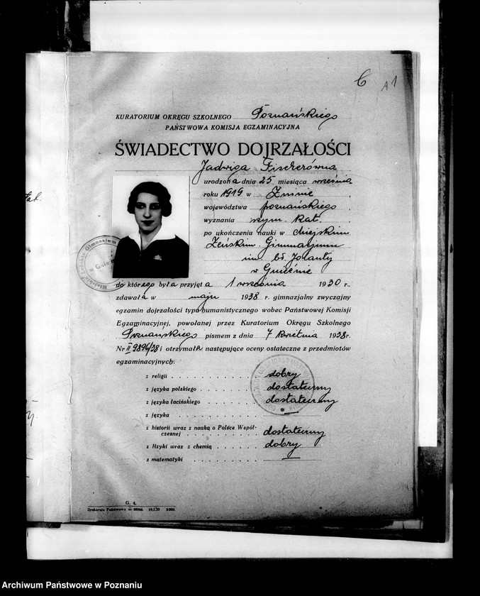 Obraz 15 z jednostki "Miejskie Gimnazjum Żeńskie imienia Błogosławionej Jolanty- Gniezno- [w tym protokoły egzaminów dojrzałości i świadectwa dojrzałości z 1938 roku]"