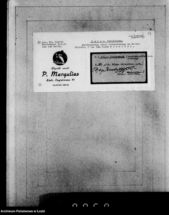 Obraz 18 z jednostki "Kripo 3000-3200 [Kartoteka skonfiskowanego majątku ruchomego u Żydów]"