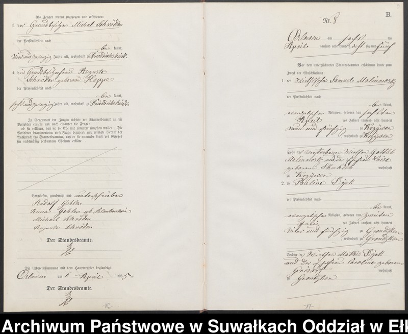 image.from.unit.number "Heiraths-Neben-Register des Preussischen Standes-Amtes Orlowen Kreis Loetzen für das Jahr 1885"