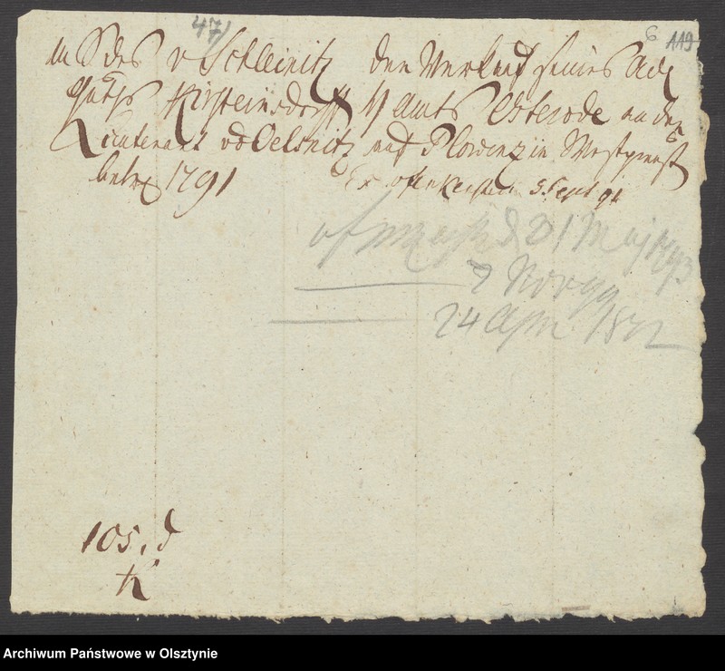 image.from.unit.number "In S. [Sachen] des v. [von] Schleinitz den Verkauf seines adelichen Guths Kirsteinsdorf [ Kiersztanowo] H. [Haupt] Amts Osterode [Ostróda] an den Lieutenant v. [von] Oelsnitz auf Plowenzin in Westpreussen"