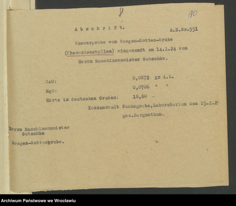 image.from.unit.number "Antrag auf Sicherstellung hilfsw. Verleihung u. Wasserrechten und deren Eintragung in das Wasserbuch für das Steinkohlenbergwerk Cons. Seegen-Gottes-Grube zu Altwasser Kr. Waldenburg i. Schl. Tiefbau-Schacht-Anlage I+II"